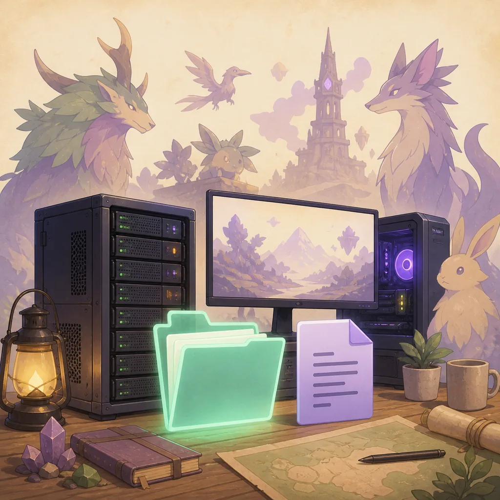 Editorial illustration of a Palworld dedicated server, configuration file and protected backup