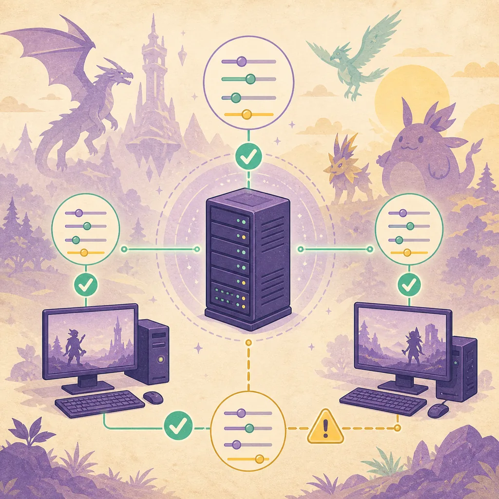 Editorial illustration of a dedicated server and two players checking matching multiplayer settings