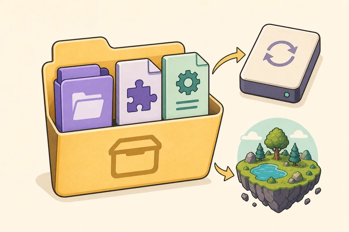Flujo ilustrado con un pack de mods de Palworld, una copia de seguridad y un mundo de prueba