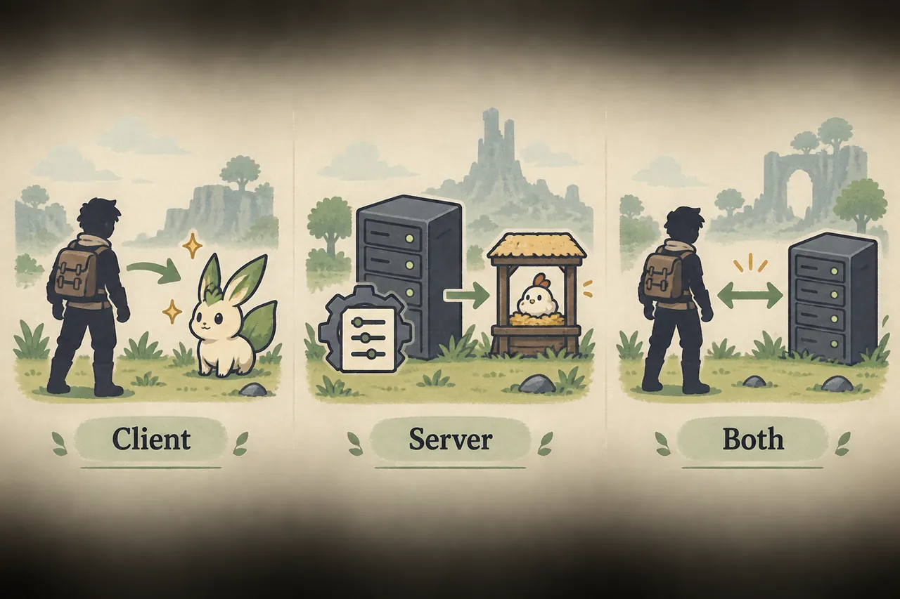 Illustrativer Vergleich von Client-, Server- und gemeinsamen Palworld-Mod-Prüfungen