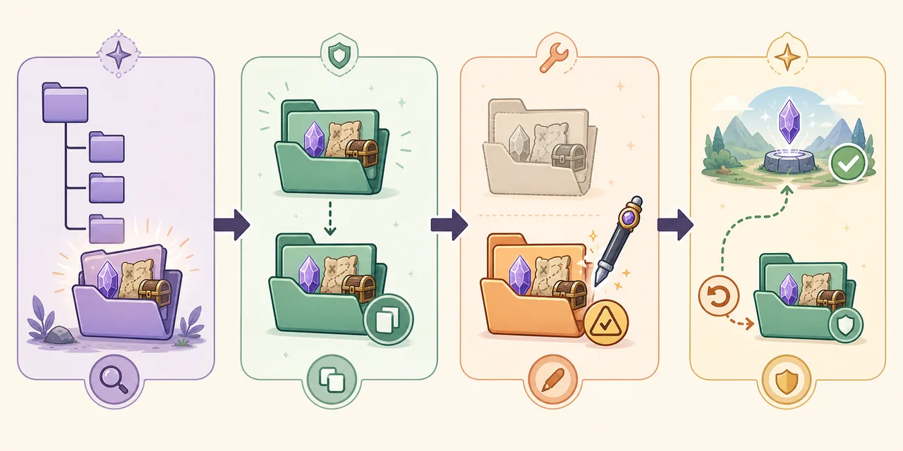 Diagrama editorial de localizar, copiar, editar y probar una partida