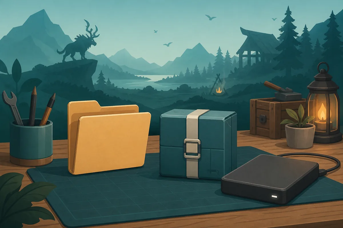 Editorial illustration of a Palworld UE4SS setup with a loader package, game folder and backup drive