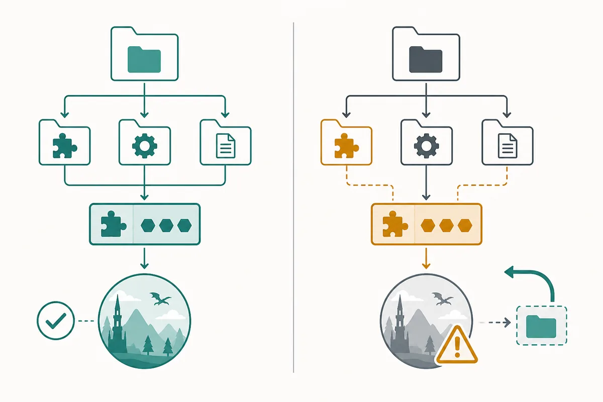Editorial troubleshooting diagram showing a compatible Palworld loader path and a conflicting setup